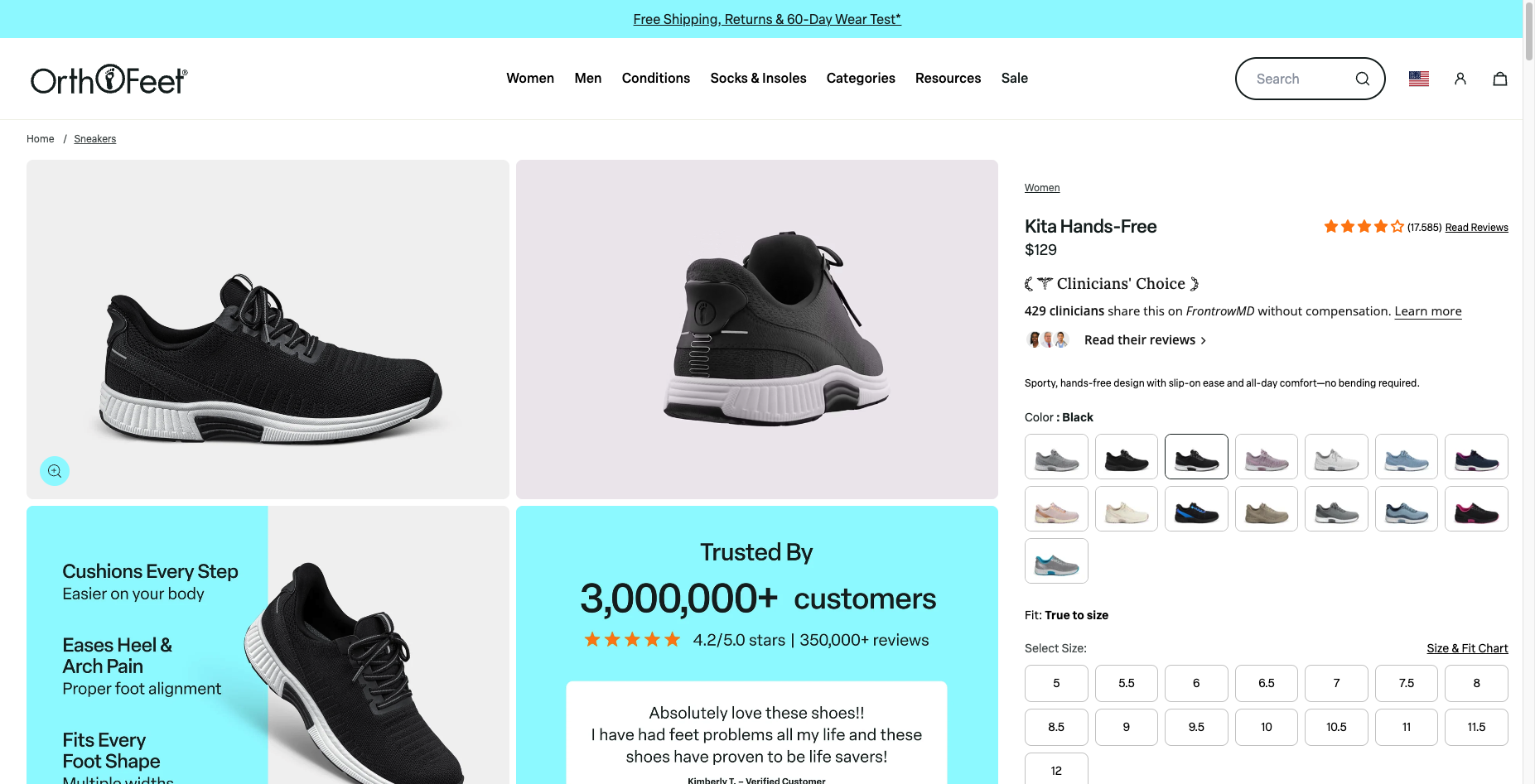 Orthofeet Kita Hands-Free product page at the fold