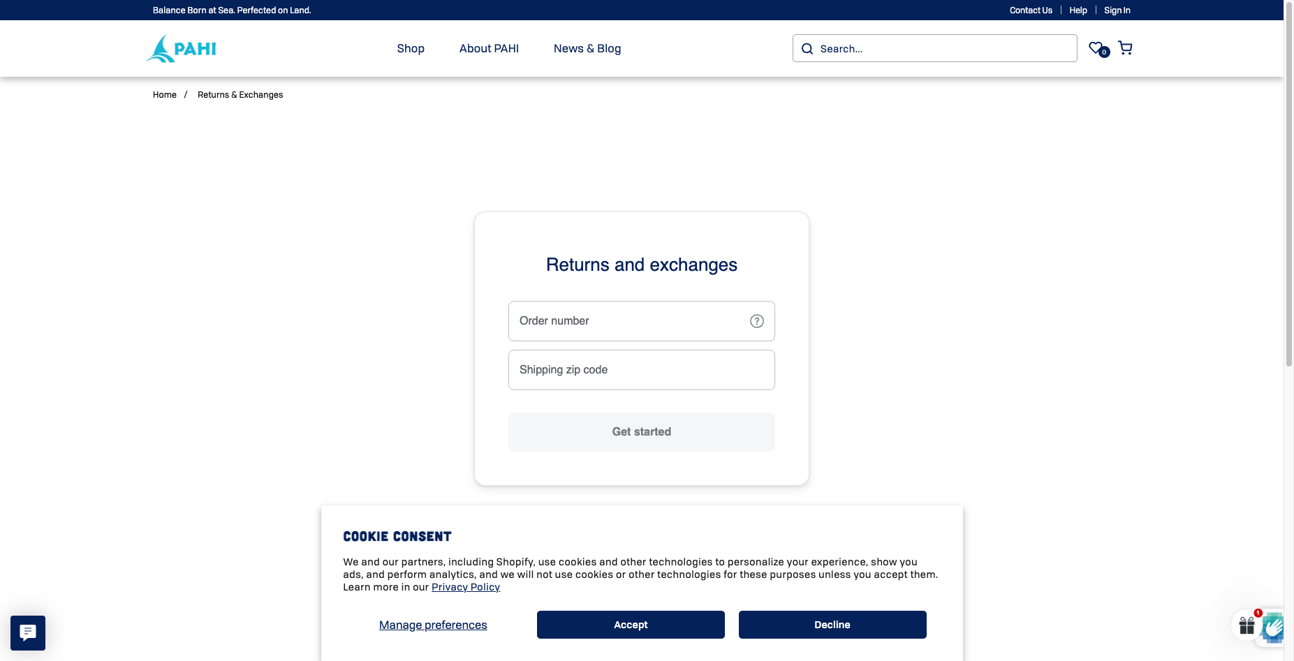 The page behind PAHI's Start a Return or Exchange button, rendering empty
